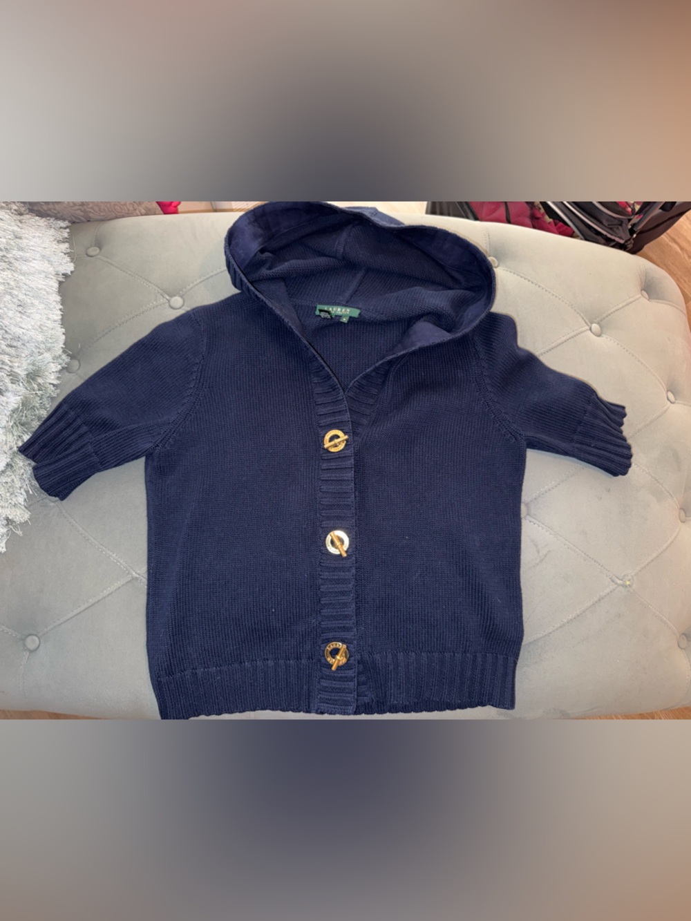 Lauren Ralph Lauren Navy Hooded Short-Sleeve Cardigan with Gold Buttons